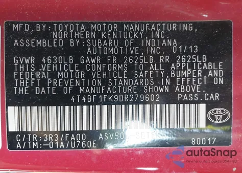 2013 Toyota Camry L z USA, uszkodzony, nr VIN 4T4BF1FK9DR279602